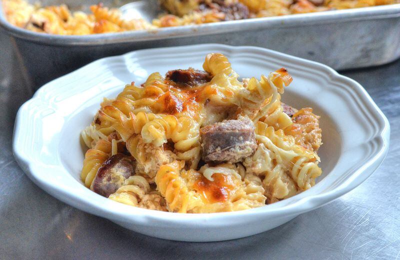 Taleggio and Sausage Mac ‘n’ Cheese, a rib-sticking main dish, is from British author John Whaite’s “Perfect Plates in 5 Ingredients” (Kyle Books, $29.95). Whaite had Italy on his mind when he conceived the dish, which calls for Italian sausage with fennel, Taleggio cheese and fusilli pasta. Styling by Wendell Brock. Photo Chris Hunt/Special.