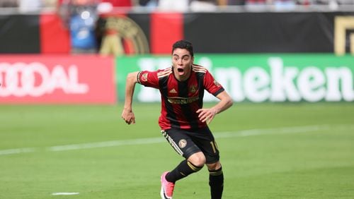 Atlanta United’s Miguel Almiron celebrates scoring a goal against NYCFC on Sunday. (Miguel Martinez / Mundo Hispanico)