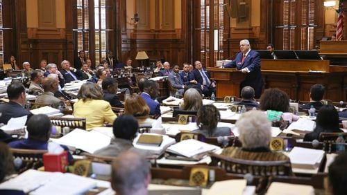 March 23, 2018 - House Speaker David Ralston speaks from the well as he honors the life of former Georgia Governor Zell Miller in the House Chamber during legislative day 38 at the Georgia State Capitol Friday, March 23, 2018, in Atlanta. The former governor and senator Zell Miller died Friday at the age of 86. PHOTO / JASON GETZ