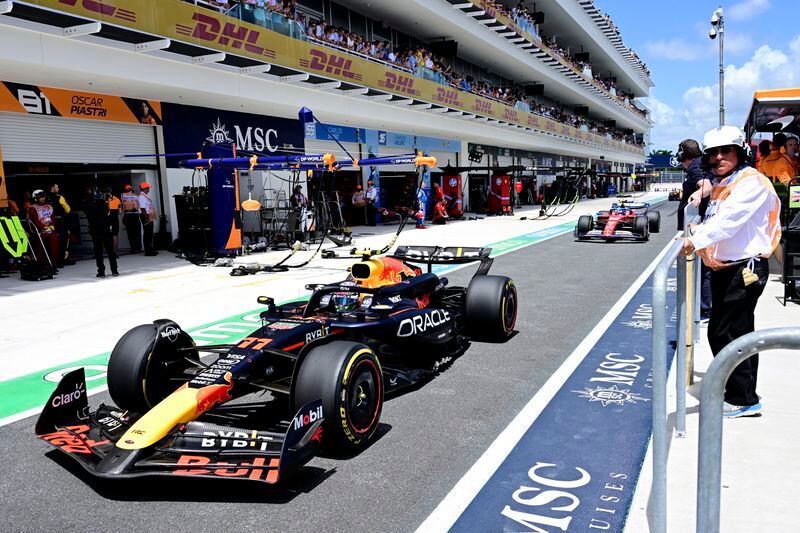 Red Bull driver Sergio Perez, of Mexico, drives down the pit lane during the Sprint race at the Miami Formula One Grand Prix, Friday, May 3, 2024, in Miami Gardens, Fla. (Giorgio Viera/Pool Photo via AP)