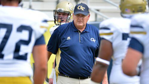Georgia Tech offensive line coach Mike Sewak said that “you’ve just got to demand” the required intensity for practice. HYOSUB SHIN / HSHIN@AJC.COM