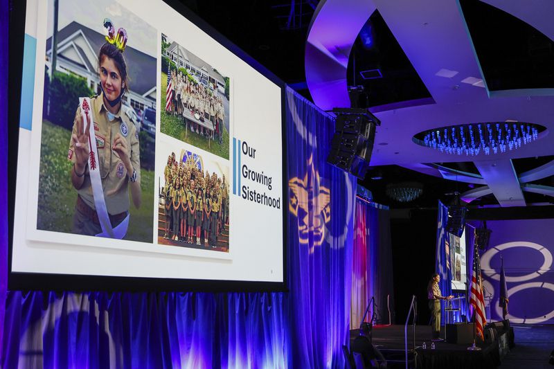 Selby Chipman, 20-year-old, speaks to the Boys Scouts of America annual meeting in Orlando, Fla., Tuesday, May 7, 2024. Chipman, a student at the University of Missouri, is an Inaugural female Eagle Scout and the Assistant Scoutmaster for an all girls troop 8219 in Oak Ridge, N.C. The Boy Scouts of America is changing its name for the first time in its 114-year history and will become Scouting America. (AP Photo/Kevin Kolczynski)