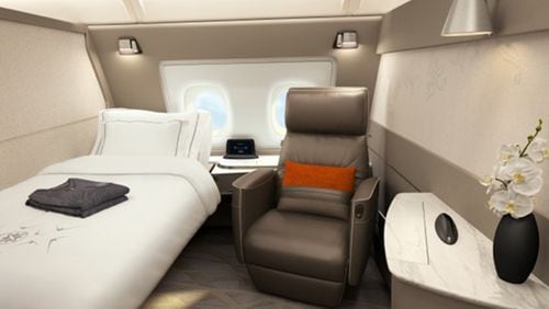 Singapore Airlines late last year introduced a new &quot;Suites&quot; first class cabin, also only on A380 aircraft, that will feature, in addition to a seat, a real bed, &quot;not a chair that turns into a bed,&quot; as Singapore Air makes clear on its website. (Singapore Airlines)