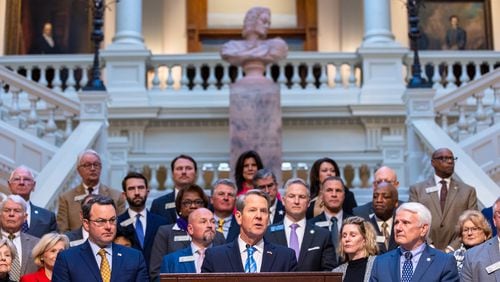 Gov. Brian Kemp speaks about the recently passed budget bill at the Capitol on Monday, March 13, 2023. (Arvin Temkar / arvin.temkar@ajc.com)
