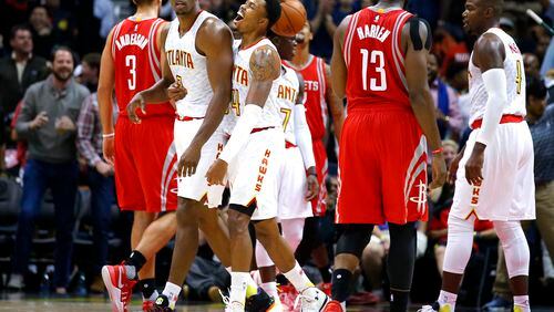 Atlanta Hawks center Dwight Howard (8) reacts after being called for a foul during the first half of an NBA basketball game against the Houston Rockets on Saturday, Nov. 5, 2016, in Atlanta. (AP Photo/Todd Kirkland)