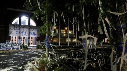 Toilet paper is left in the Marietta High School parking lot on Tuesday, Aug. 3, 2021, after incoming seniors continued the pranking tradition. Today marks the first day of school for the students. (Christine Tannous / christine.tannous@ajc.com)
