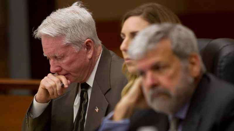 Tex McIver listens to witness Terri Sullivan on Day 4 of his murder trial in Fulton County on Friday. STEVE SCHAEFER / SPECIAL TO THE AJC