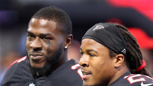 October 1, 2017 Atlanta: Falcons running backs Tevin Coleman and Devonta Freeman prepare to play the Bills in a NFL football game on Sunday, October 1, 2017, in Atlanta.   Curtis Compton/ccompton@ajc.com