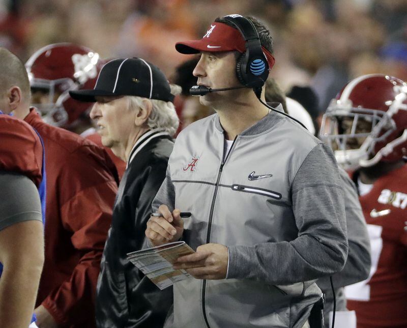  FILE - In this Jan. 9, 2017 file photo, Alabama offensive coordinator Steve Sarkisian stands on the sidelines during the second half of the NCAA college football playoff championship game against Clemson in Tampa, Fla. The Atlanta Falcons have hired Sarkisian as their new offensive coordinator. The move was announced Tuesday, Feb. 7 less than 24 hours after Kyle Shanahan left to become head coach of SF 49ers. (AP Photo/David J. Phillip, File)
