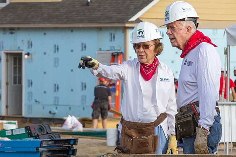 Rosalynn and Jimmy Carter (shown in Memphis in 2015) spent endless hours helping to build houses for Habitat for Humanity. (Courtesy of Habitat for Humanity)
