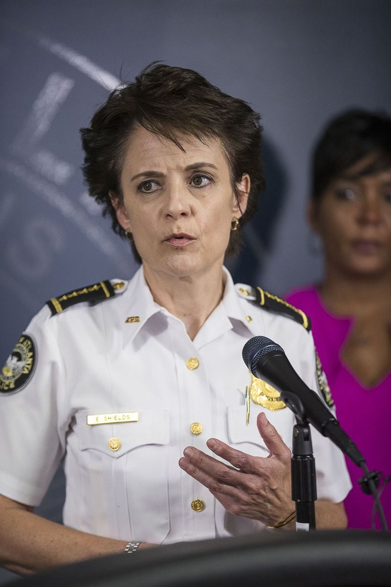Atlanta Police Chief Erika Shields speaks during a news conference at Atlanta Public Safety Headquarters in October 2019. (Alyssa Pointer/Atlanta Journal Constitution)