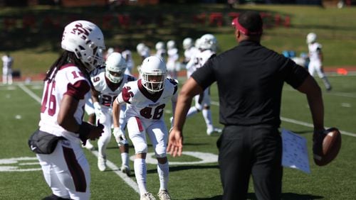 Morehouse players get ready for a game against Clark Atlanta on Nov. 3, 2018.  BRANDEN CAMP/SPECIAL