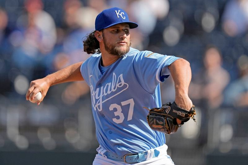 Kansas City Royals' Jackson Kowar throws during the eighth inning of a baseball game against the Cleveland Guardians Monday, Sept. 18, 2023, in Kansas City, Mo. The Royals won 6-4. (AP Photo/Charlie Riedel)