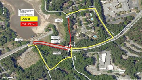 Construction of the new Lake Peachtree spillway will require rerouting the multi-use paths in the vicinity. Courtesy Peachtree City