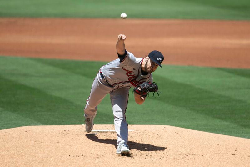 Atlanta Braves starting pitcher Ian Anderson throws during the first inning of a baseball game against the San Diego Padres in San Diego, Saturday, April 16, 2022. (AP Photo/Kyusung Gong)