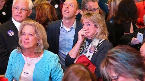 November 8, 2016, ATLANTA: Voters watch presidential returns come in at the Republican Watch party at the Grand Hyatt, Buckhead, on Tuesday, Nov. 7, 2016, in Atlanta. Curtis Compton /ccompton@ajc.com