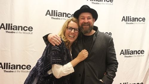 Janece Shaffer and Kristian Bush share a hug on the opening night of "Troubadour." Photo: Melissa Ruggieri/AJC