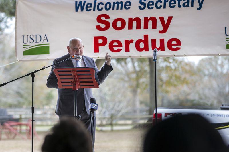 U.S. Secretary of Agriculture Sonny Perdue speaks at an event at the Spring Hollow Farm in Claxton, Ga. on Jan. 7, 2021 about bringing high speed internet to two rural Georgia counties. (AJC Photo/Stephen B. Morton)