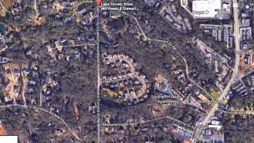 A segment of Lake Forrest Drive between Stewart and Maryeanna drives in Sandy Springs will be closed indefinitely due to concerns of possible rock slides. GOOGLE MAPS