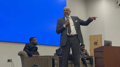 Morehouse College President David A. Thomas answers questions about President Joe Biden’s planned commencement speech during a student town hall meeting Tuesday on campus. (Photo Courtesy of Chauncey Alcorn/Capital B)