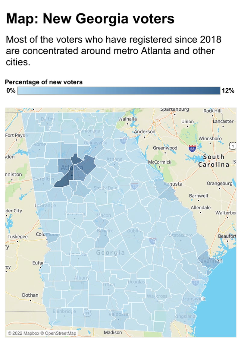 Most of the voters who have registered since 2018 are concentrated around metro Atlanta and other cities.