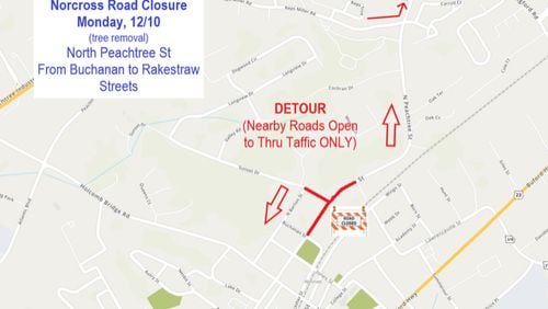 North Peachtree Street in Norcross will be closed for tree removal on Monday, Dec. 10 between Rakestraw Street and Buchanan Street. Courtesy City of Norcross