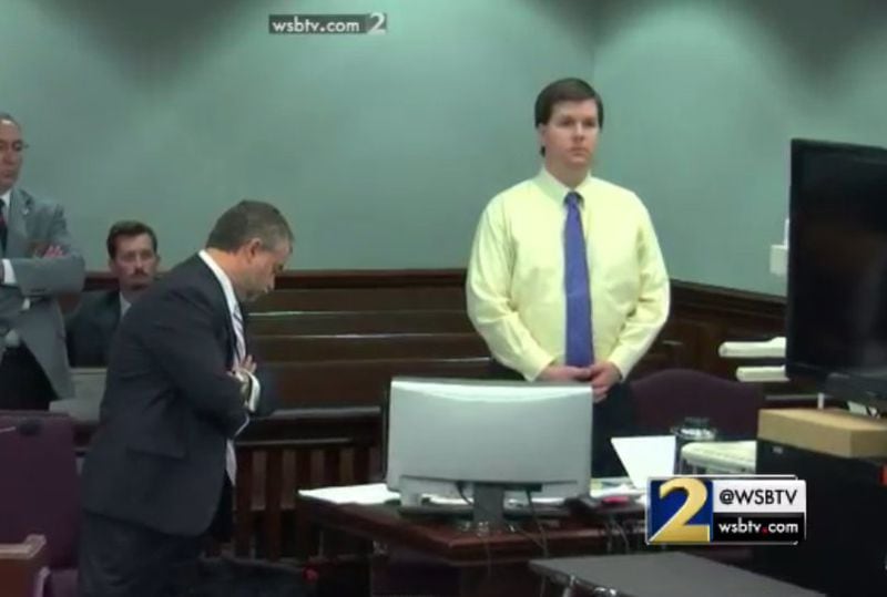 Justin Ross Harris tells the judge that he does not wish to be present when the prosecutors show his SUV to the jury, during Harris' murder trial at the Glynn County Courthouse in Brunswick, Ga., on Tuesday, Oct. 25, 2016. Harris stated that he discussed the issue with his lawyers. (screen capture via WSB-TV)