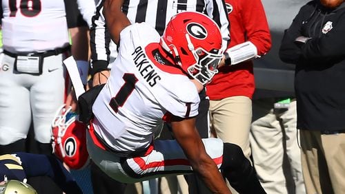 112721 Atlanta: Georgia wide receiver George Pickens gets in the game coming back from an injury for his first reception of the season during the second half against Georgia Tech in a NCAA college football game on Saturday, Nov. 27, 2021, in Atlanta.   “Curtis Compton / Curtis.Compton@ajc.com”`