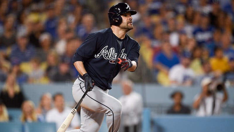 Braves' Jaime Garcia looks up after hitting a grand slam off a pitch by Los Angeles Dodgers starting pitcher Alex Wood on Friday. (AP Photo/Kelvin Kuo)