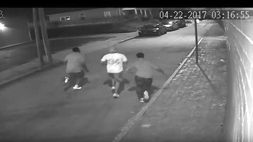 Atlanta police video of suspects running away after an assault Saturday on Edgewood Avenue.