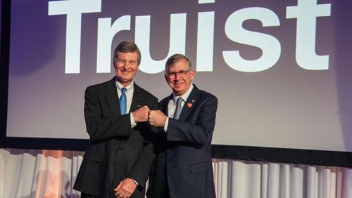 Kelly King, left, is chairman and CEO of BB&T and will retain those titles after the merger to become Truist. Bill Rogers, right, chairman and CEO of SunTrust, will be president and chief operating officer of Truist. Photo: Truist