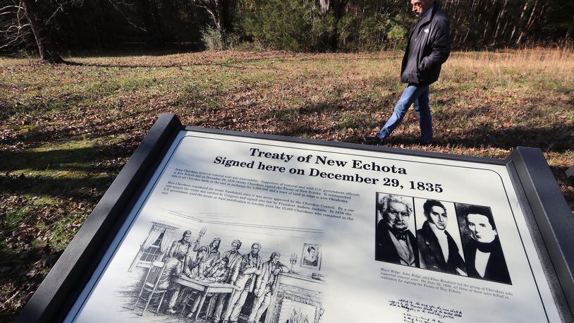 Cherokee Indian descendant John Perry walks the site where the Treaty of New Echota was signed at the New Echota Historic Site on Tuesday, Dec. 8, 2020, in Calhoun. New Echota is one of the most significant Cherokee Indian sites in the nation and marks the beginning of the tragic Trail of Tears. Curtis Compton / Curtis.Compton@ajc.com