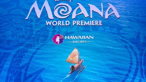 HOLLYWOOD, CA - NOVEMBER 14: A view of the signage is seen at the Hawaiian Airlines booth at the world premiere of Disney's 'Moana' at the El Capitan Theatre on November 14, 2016 in Hollywood, California. (Photo by Rich Polk/Getty Images for Hawaiian Airlines)