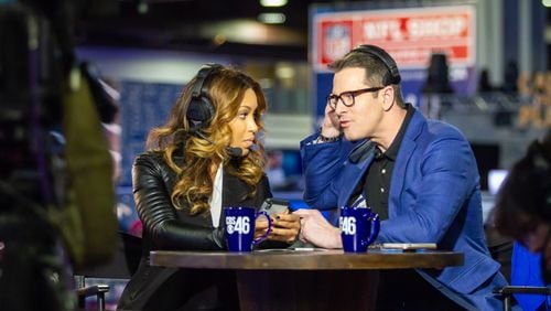 CBS anchors Sharon Reed and Thomas Roberts broadcast live during the Super Bowl Experience Driven By Hyundai at the World Congress Center on January 29, 2019.  STEVE SCHAEFER / SPECIAL TO THE AJC