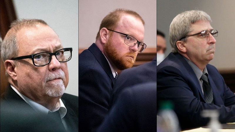 Greg McMichael, from left, Travis McMichael and William "Roddie" Bryan react as a judge reads verdicts finding them guilty of Ahmaud Arbery's murder