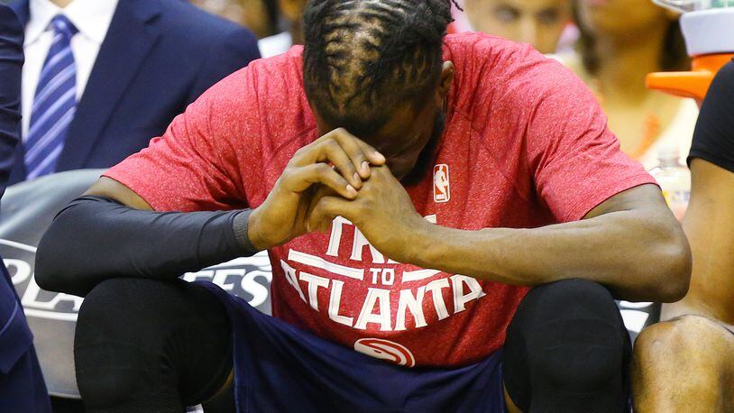 Hawks DeMarre Carroll sits on the bench losing 103-101 to the Wizards in their Eastern Conference Semifinals game 3 at the Verizon Center on Saturday, May 9, 2015, in Washington, D.C. Curtis Compton / ccompton@ajc.com