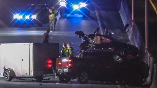 April 18, 2023 Cobb County: Two people were killed Tuesday morning, April 18, 2023 in a chain-reaction crash that involved at least five vehicles and brought the commute on I-75 to a halt through Cobb County. The crash shut down the northbound lanes of the interstate near the South Marietta Parkway loop at about 5:45 a.m. and did not clear for four hours. The closure impacted traffic on every other major route out of the northwest suburbs, including I-285, which was gridlocked for much of the morning. Marietta police confirmed the two fatalities but have not released further details about the widely scattered wreck, including the names of the crash victims. The northbound lanes of I-75 reopened shortly before 10 a.m. when the crash investigation cleared. Police were expected to release more details once next-of-kin notifications were made. (John Spink / John.Spink@ajc.com)

