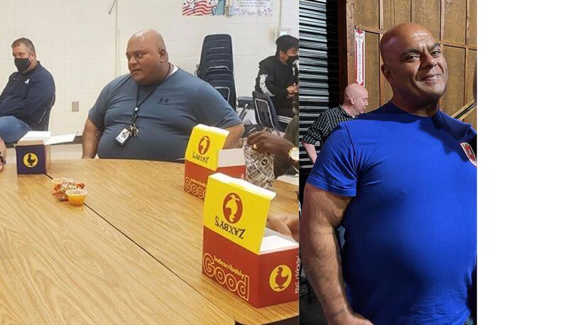 In the photo on the left, taken in October 2020, Farhat Ahmad weighed 550 pounds. In the photo on the right, taken two years later, he weighed 285 pounds. (Photos contributed by Farhat Ahmad)