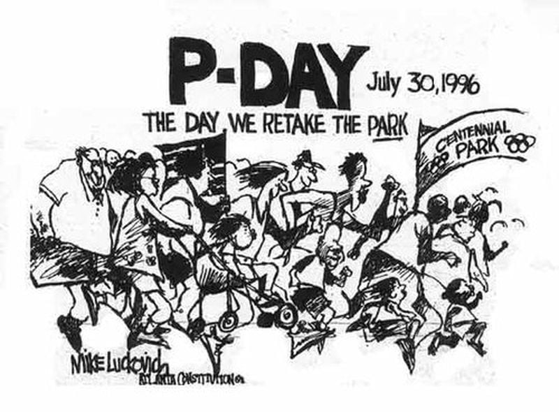 A cartoon by editorial cartoonist Mike Luckovich from July 1996: Celebrating the reopening of the Olympic Park after the bombing.