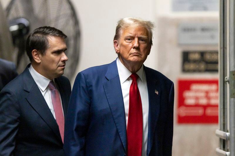 Former President Donald Trump and his attorney Todd Blanche return to the courtroom after a break for his trial at Manhattan criminal court in New York, Tuesday, April 30, 2024. (Justin Lane/Pool Photo via AP)