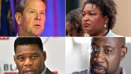 Republican Gov. Brian Kemp, top left, holds a 10-point lead over Democrat Stacey Abrams in a poll the University of Georgia conducted for the Georgia News Collaborative. Republican Herschel Walker, left, and Democratic U.S. Sen. Rafael Warnock fall within the margin of error in the same poll. (AJC file photos)