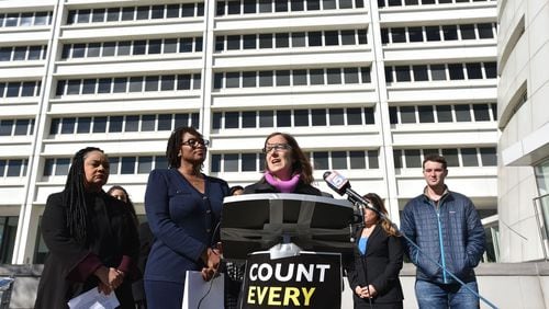 A lawsuit filed in federal court on Tuesday, Nov. 27, 2018, is asking the courts to intervene to protect voters' rights. From left: state Sen. Nikema Williams, attorney Allegra Lawrence-Hardy and Fair Fight Georgia CEO Lauren Groh-Wargo discuss the suit. HYOSUB SHIN / HYOSUB.SHIN@AJC.COM