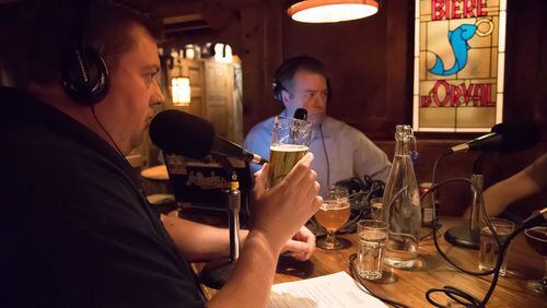 Tim Dennis (left) and Aaron Williams of Beer Guys Radio taping an episode at Brick Store Pub in Decatur. Photo credit: Stephen Averett / Electric Engram Photography.
