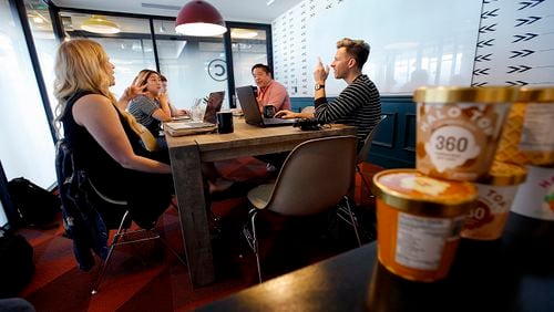 Halo Top doesn't have its own headquarters or manufacturing plants and holds staff meetings in a co-working space. Shown, from left, are Marjorie Brevadoro, Hanna Rosales, Ryan Bouton, Ken Lin and CEO Justin Woolverton. (kirk McKoy/Los Angels Times/TNS)