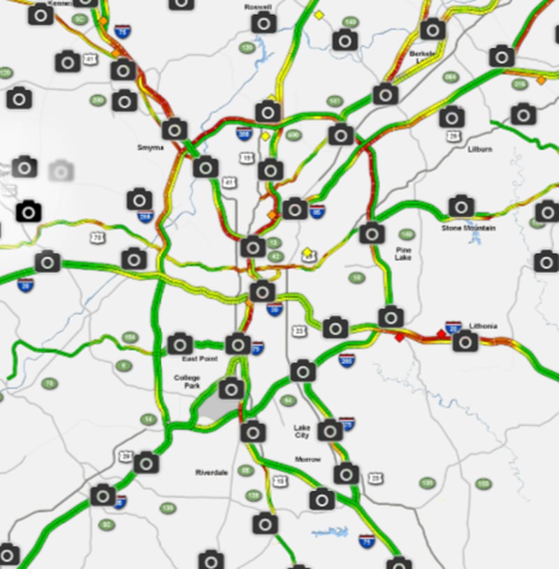 Green means go and red means stop. Many Atlanta interstates have lots of stop-and-go traffic as of 5:50 p.m. (Photo: WSB 24-hour Traffic Center)