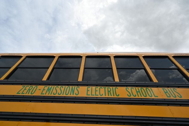 FILE: Electric school bus is displayed at Blue Bird Corporation in Fort Valley on Tuesday, May 4, 2021. (Hyosub Shin / Hyosub.Shin@ajc.com)