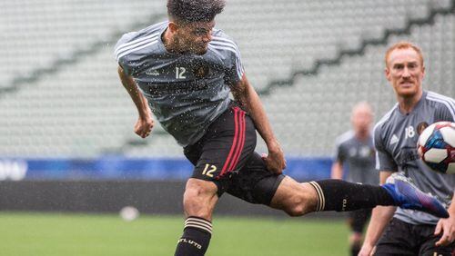 Atlanta United's Miles Robinson heads the ball in Wednesday's crimmage against the L.A. Galaxy. (Atlanta United)