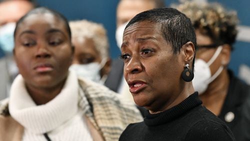Acquanellia Smith, mother of Nacole Smith, speaks during a news conference Tuesday at Atlanta Police headquarters about a 1995 cold case involving her daughter, who was 14 when she was raped and shot twice in the head. (Hyosub Shin / Hyosub.Shin@ajc.com)