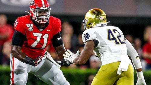 Georgia left tackle Andrew Thomas (71) was a first-team All-American in 2019. Thomas led Pace Academy to a Class AAA championship in 2015. He is one of 420 alumni of current Class AAA schools, 21 from Pace Academy, to be on college football rosters in 2019.