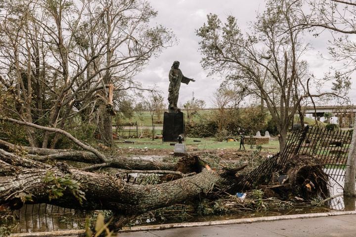 Trees blown down by Hurricane Laura at Bilbo Cemetery in Lake Charles, La., on Thursday, Aug. 27, 2020. (William Widmer/The New York Times)